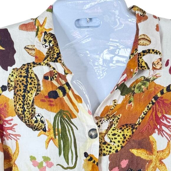 Nach Bijoux Earth Hand Painted Midi Dress Button Front Linen Blend Women's  Sz S - Picture 5 of 14